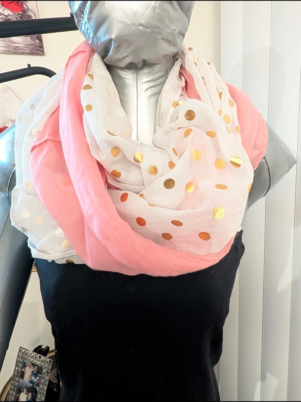 Scarf Sale ❤️7 For$35: Pink/ White Lightweight Infinity Scarf w/ Gold Polka Dots - Picture 7 of 8
